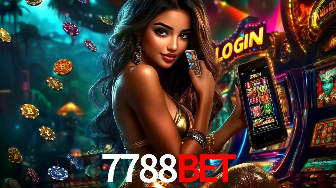 Mulher em um cenário de cassino temático de aventura, mostrando o app de caça-níqueis da 7788bet no celular. Fichas de apostas flutuam ao redor.