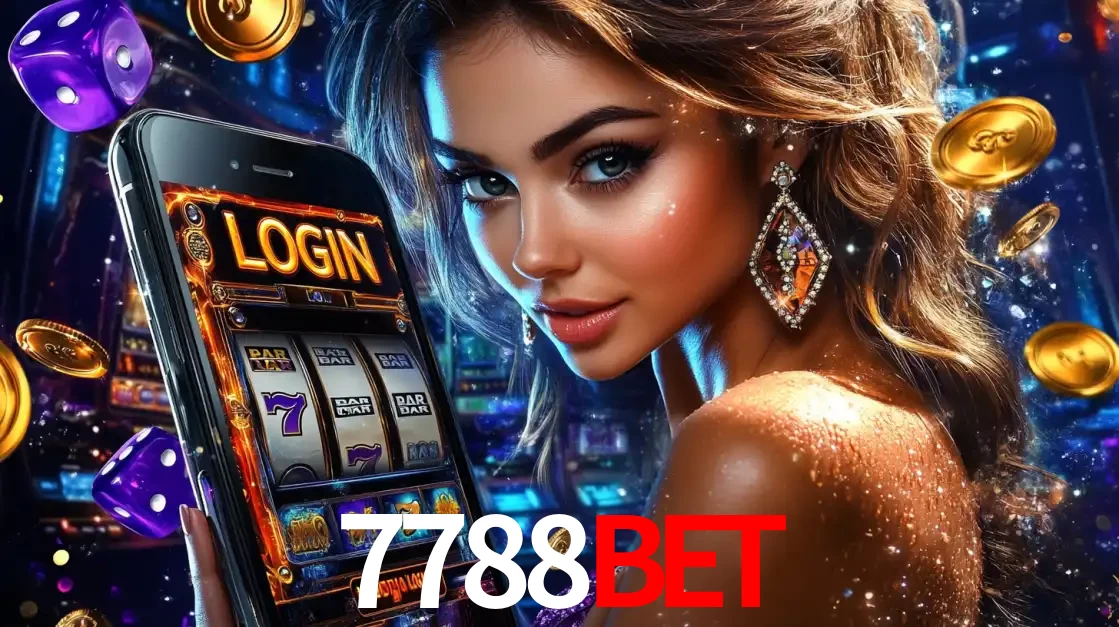 Mulher glamorosa segurando um smartphone com a tela de login para os jogos de caça-níqueis do cassino online 7788bet, com moedas de ouro e dados ao redor.